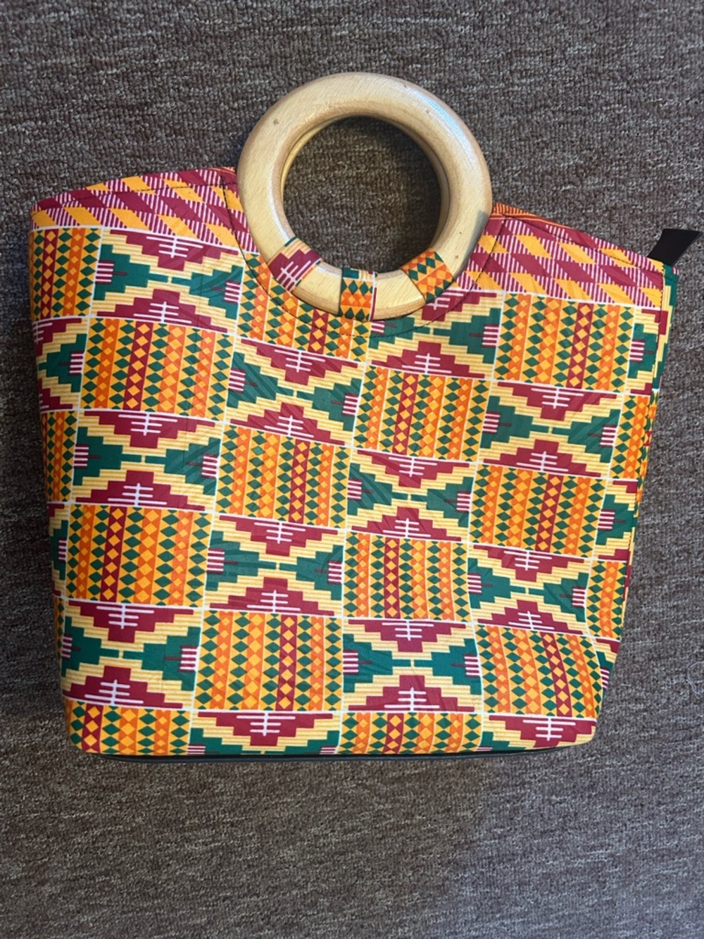 Handheld African Print Tote Bag with Wooden Ring Handles - Multicolor